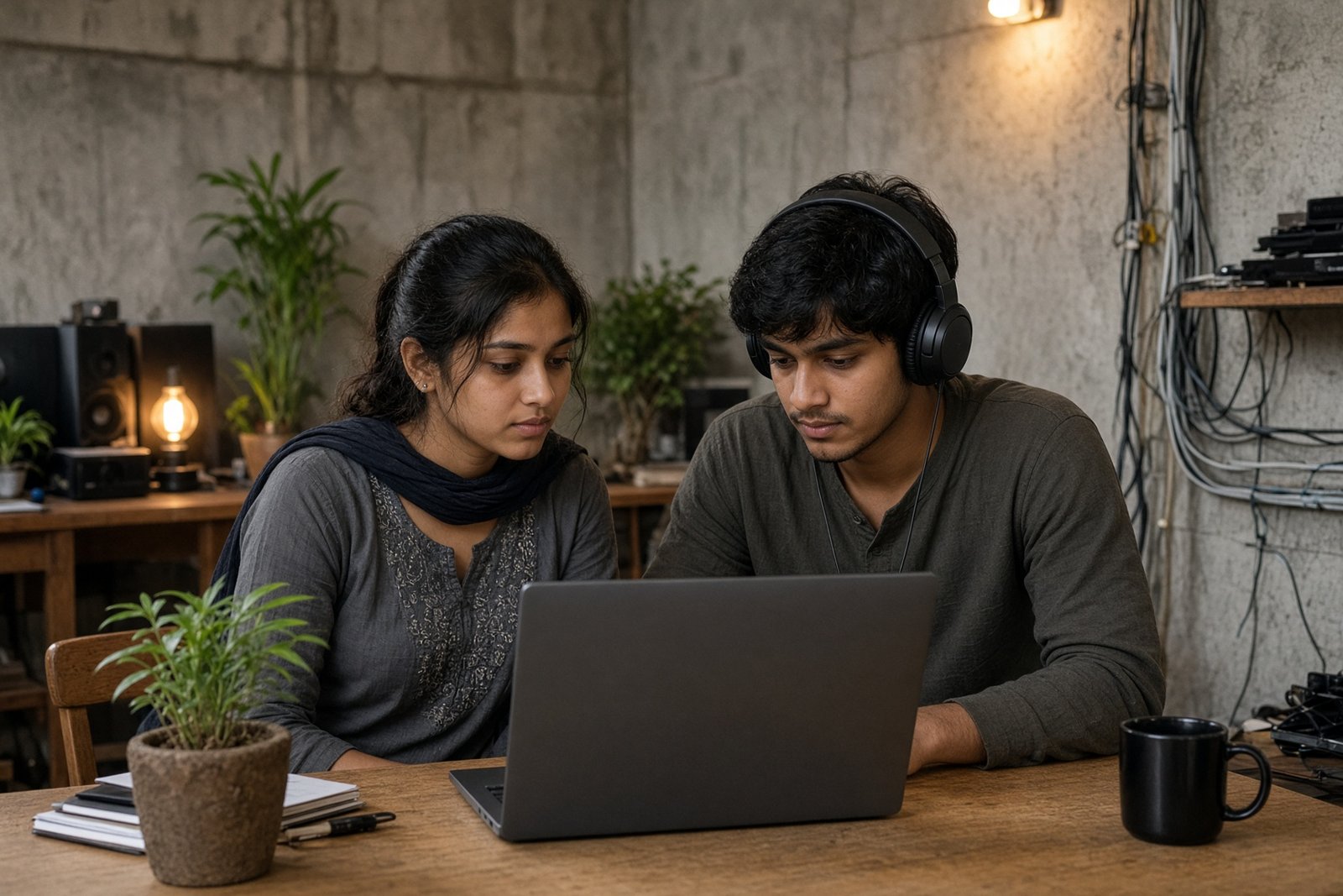 Two young people sit close in a modest community media room, looking together at a laptop. One wears headphones.